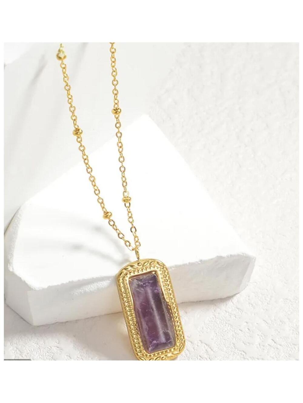 Natural amethyst rectangle pendant - Necklace - Gold - 18"